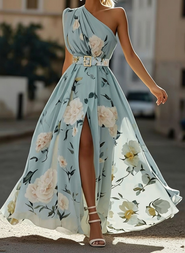 Lightgreen Ruched Slit Chiffon One Shoulder Sleeveless A-Line Floor-length Gown Dress
