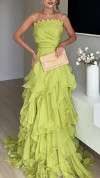 Strapless Ruched Ruffle Tiered Maxi Gown