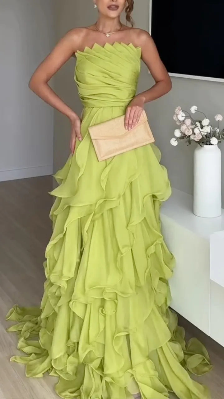 Strapless Ruched Ruffle Tiered Maxi Gown