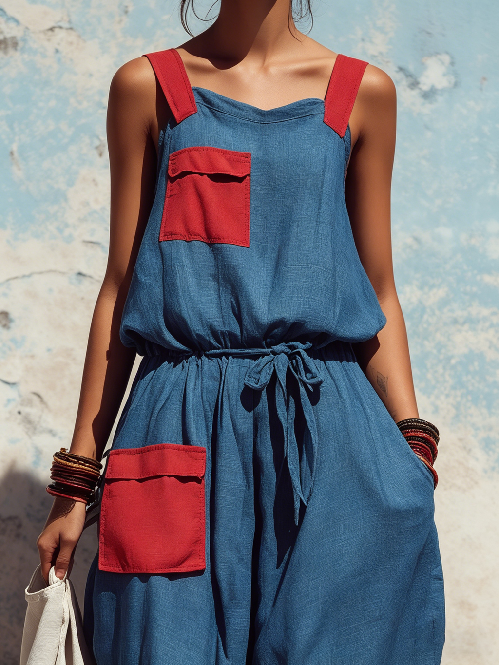 Color Block Sleeveless Tie-Waist Jumpsuit With Pockets