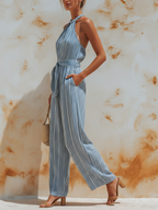 Blue & White Striped Denim Halter Neck Wide-Leg Jumpsuit