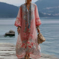 Women's Vintage Floral Embroidered V Neck Comfy Maxi Dress