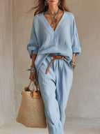 Casual Blue Natural Linen Suit