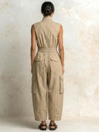Beige Cotton Twill Sleeveless Utility Cargo Jumpsuit