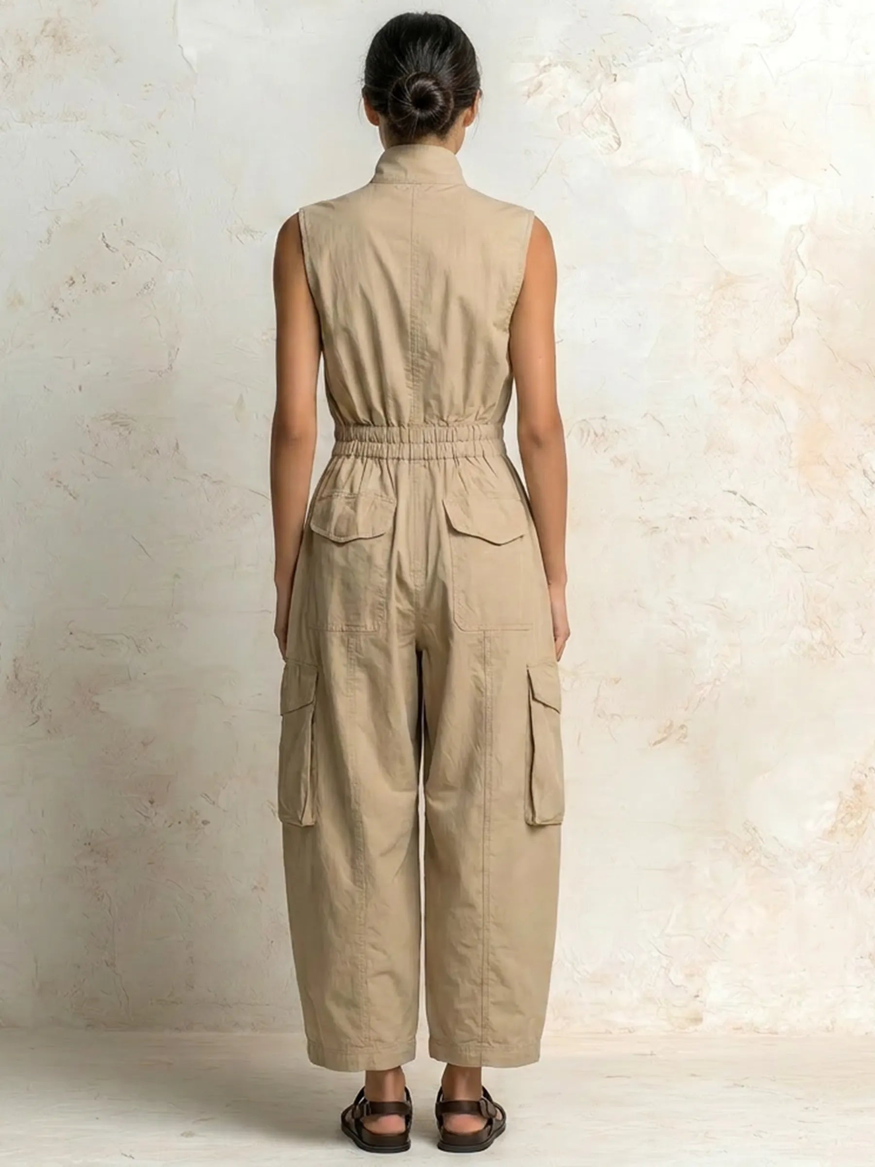 Beige Cotton Twill Sleeveless Utility Cargo Jumpsuit