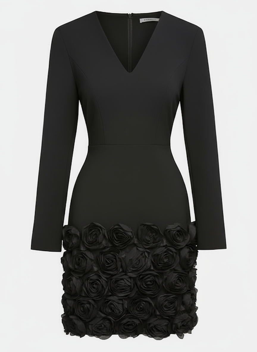 Navy Blue 3D Floral Classic V Neck Long Sleeve Sheath Mini Dress