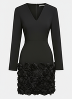 Navy Blue 3D Floral Classic V Neck Long Sleeve Sheath Mini Dress