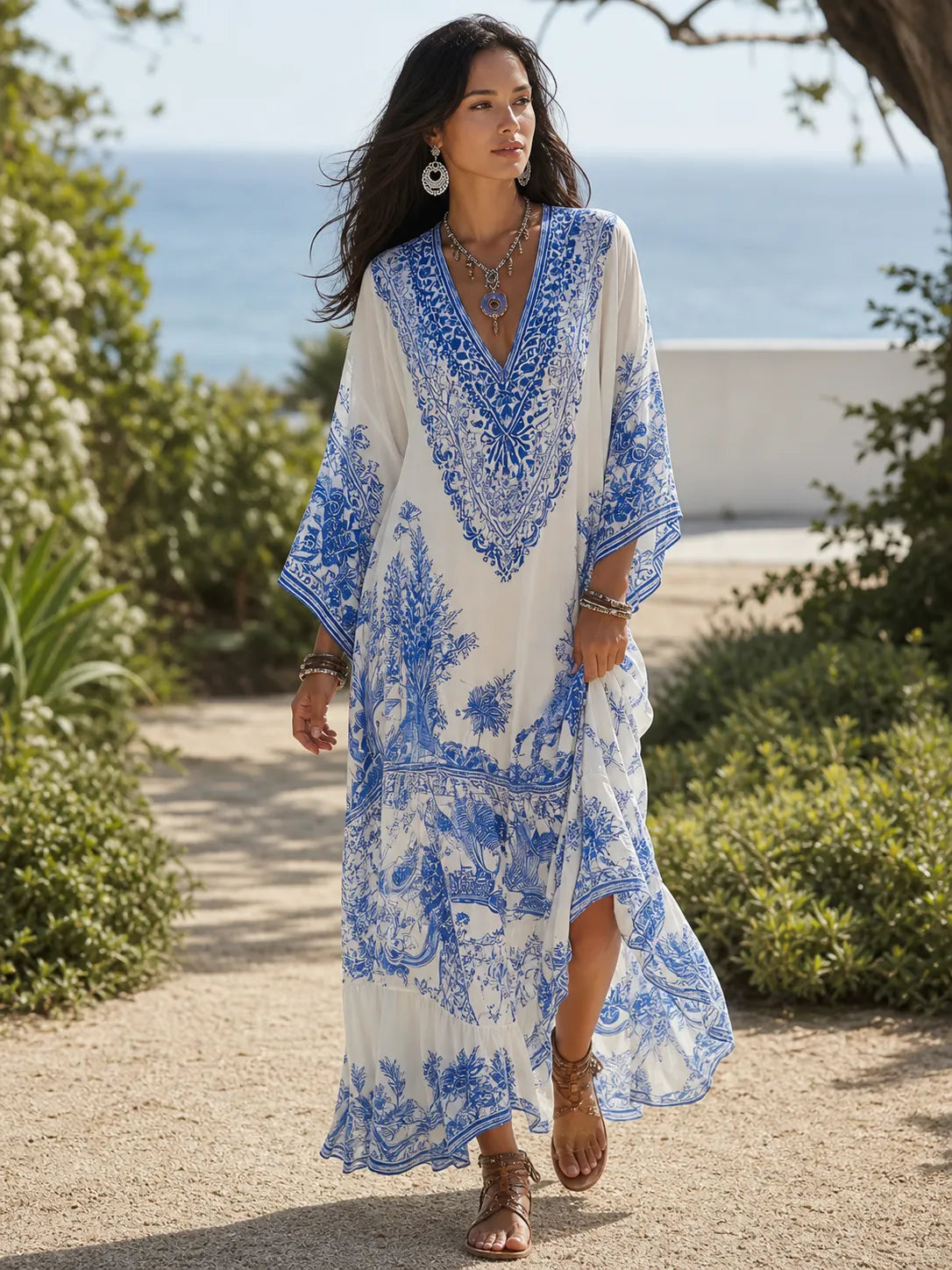 Refined Blue Porcelain Print V-Neck Kaftan Dress