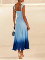 Light Blue Ombre Pleated Chiffon Square Neck Sleeveless A-Line Midi Dress