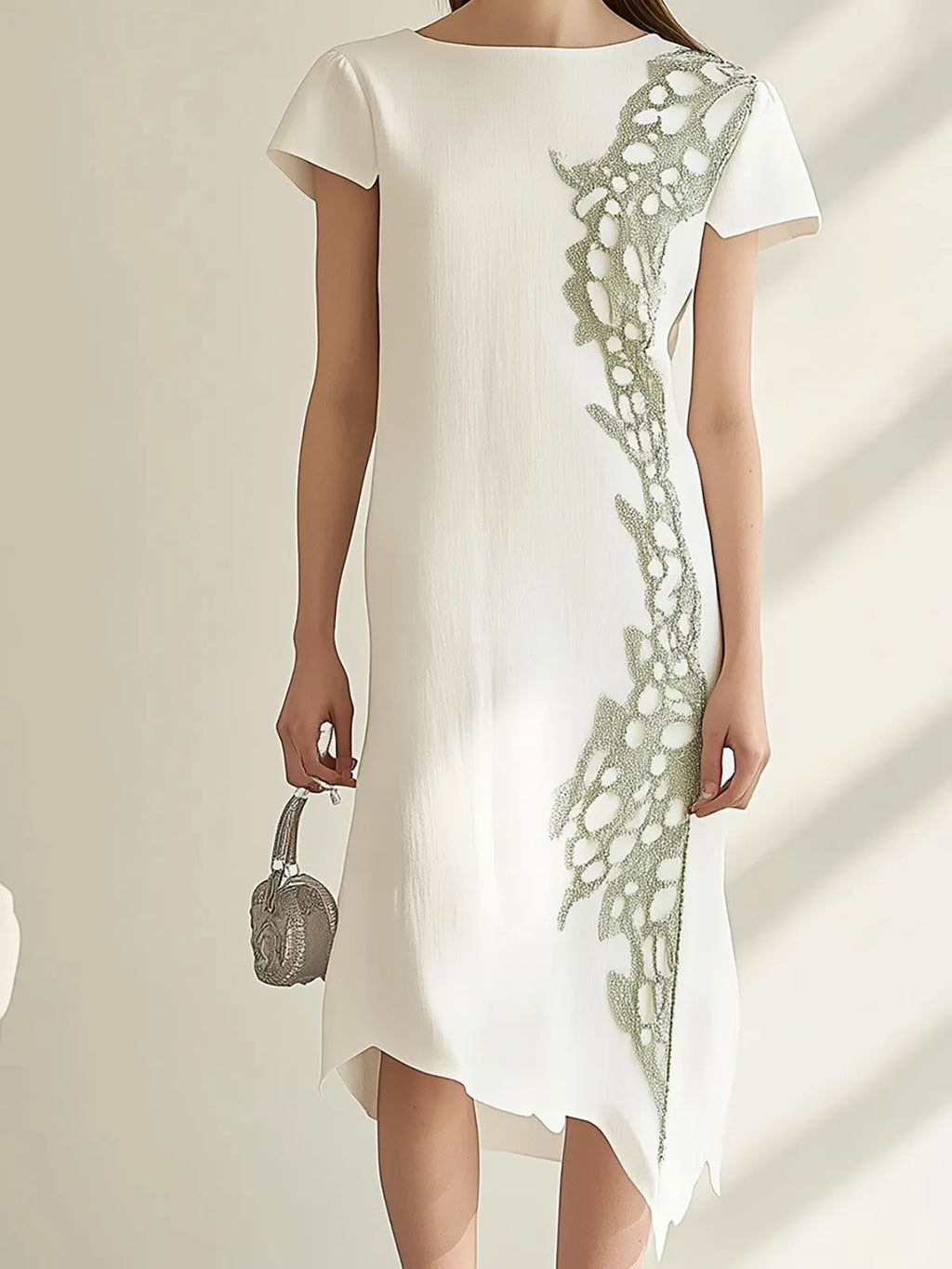 White Linen Dress with Green Embroidery Detail