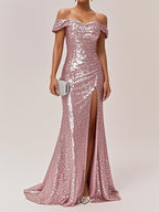 Blue Ruched Slit Sequin Off The Shoulder Short Sleeve Sheath Gown