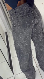Over Rhinestone High Waist Wide Leg Jeans