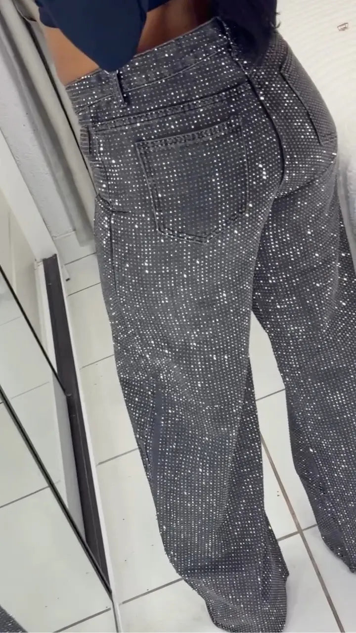 Over Rhinestone High Waist Wide Leg Jeans
