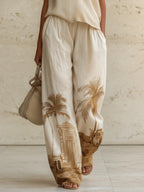 Beige Linen-Blend Sleeveless Top & Palm Print Wide-Leg Pants Set