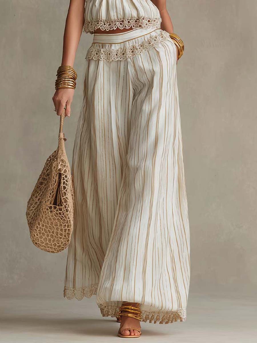 Bohemian Lace-Trimmed Halter Top & Wide-Leg Pants Set