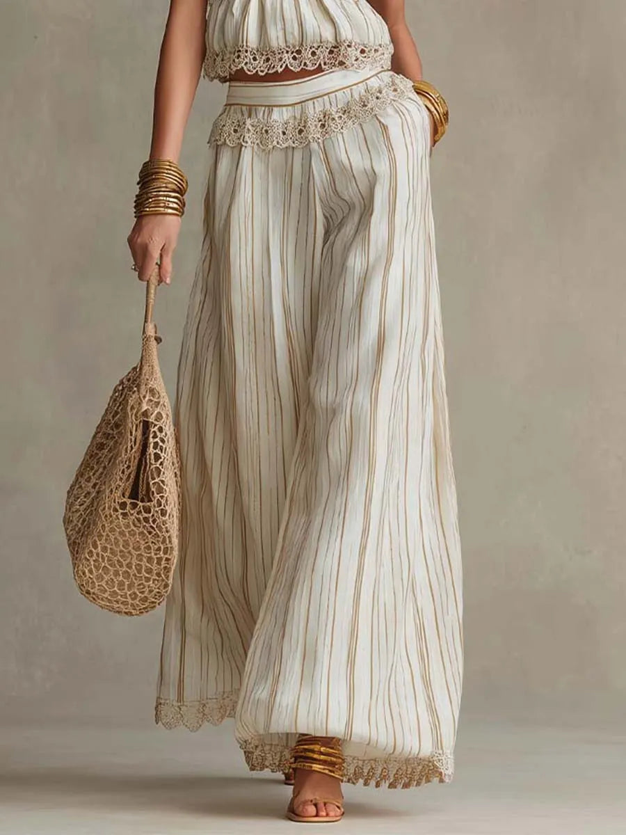 Bohemian Lace-Trimmed Halter Top & Wide-Leg Pants Set