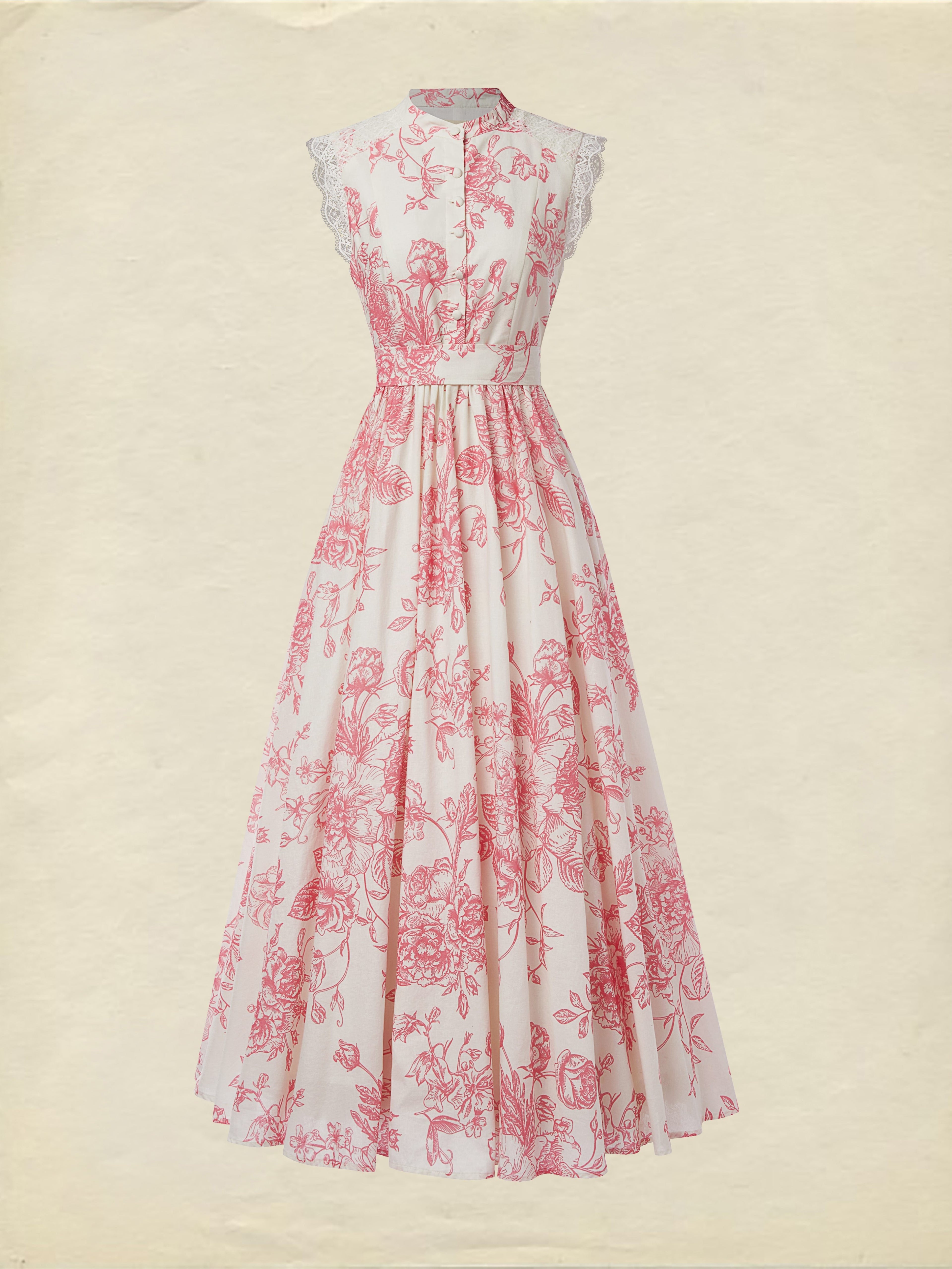 (SIZE:XS-XXL) Maxi Linen Dress , Cap Sleeves, Stand Collar, Floral, Lace, Vintage, Apricot