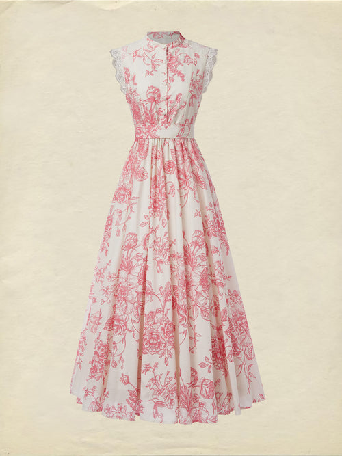 (SIZE:XS-XXL) Maxi Linen Dress , Cap Sleeves, Stand Collar, Floral, Lace, Vintage, Apricot