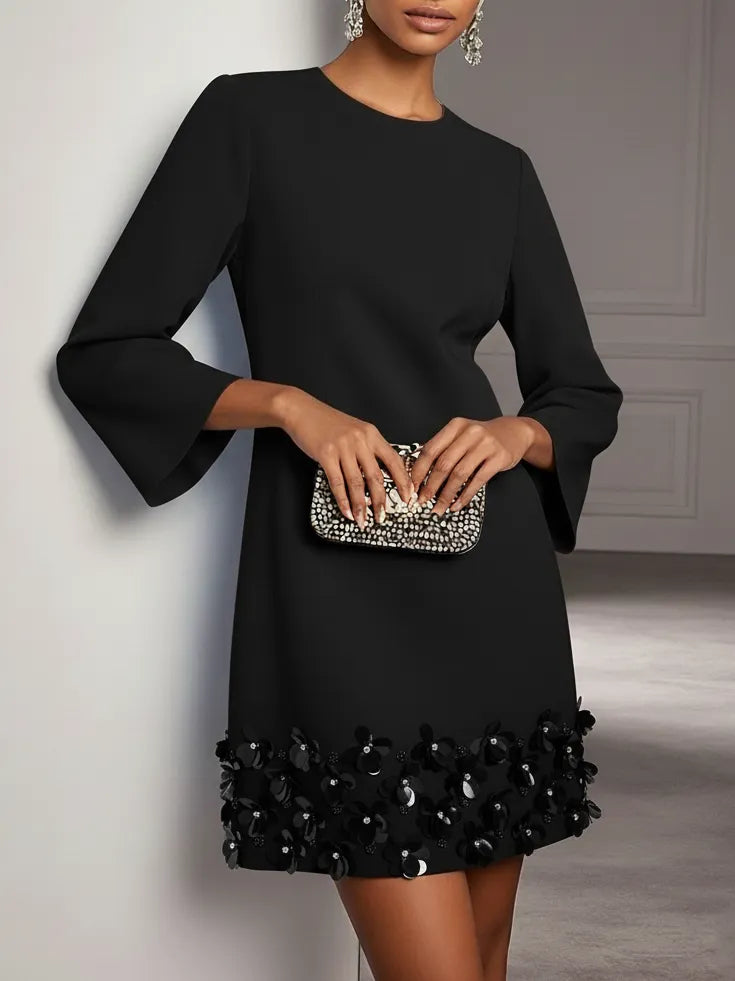 Black 3D Floral Classic Crew Neck Long Sleeve Bell Sleeve A-Line Mini Dress