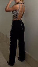Rhinestone Embellished Crop Top & Wide Leg Pants Set