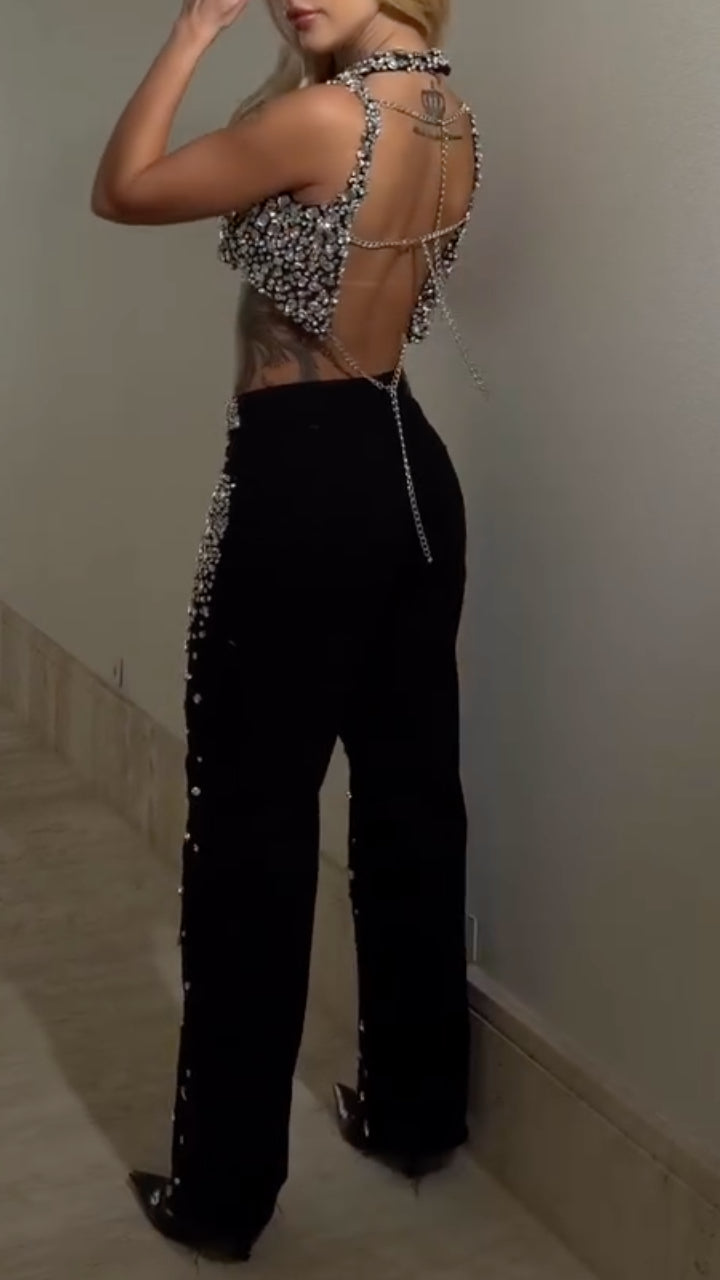 Rhinestone Embellished Crop Top & Wide Leg Pants Set