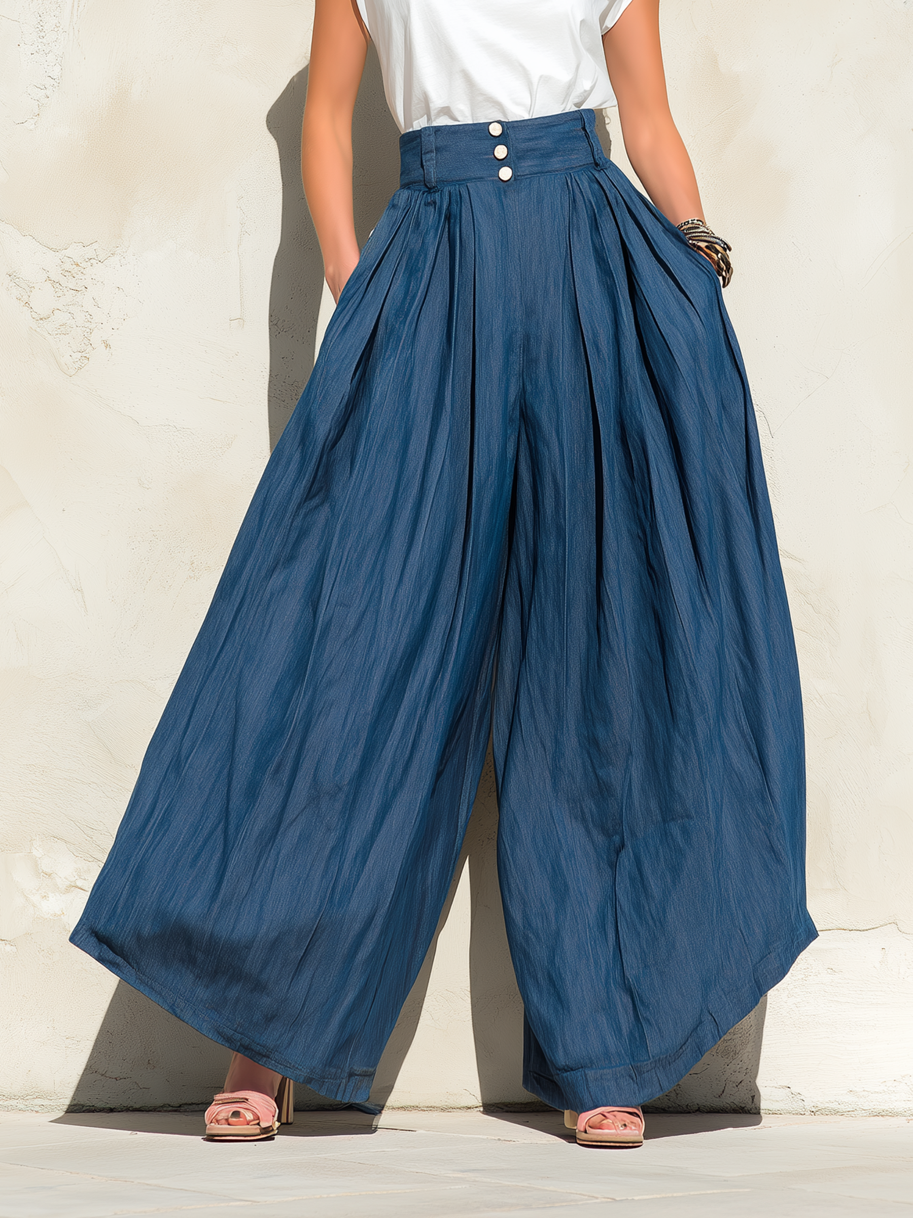 High-Waist Tencel Denim Wide-Leg Palazzo Pants