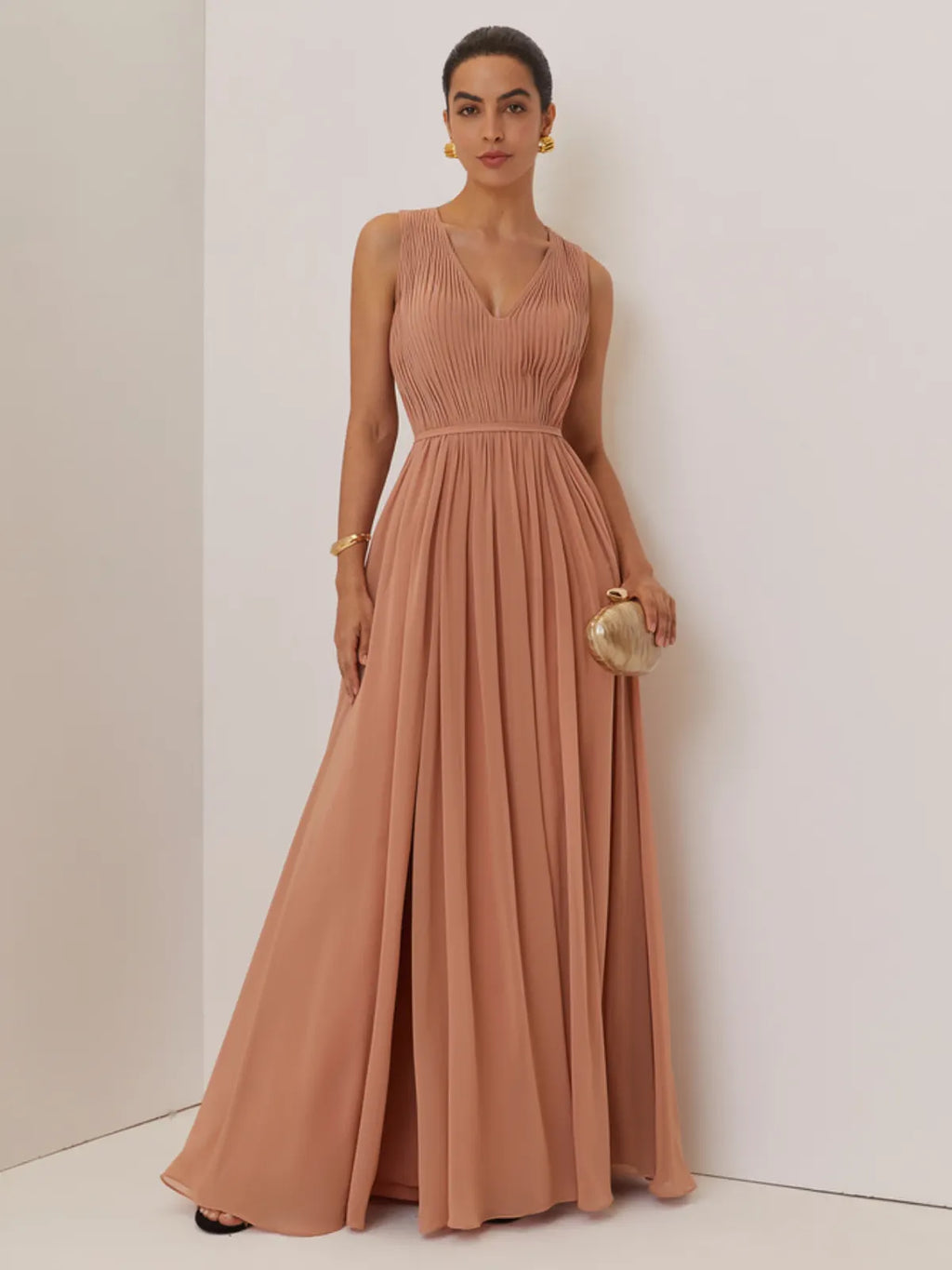 Pink Ruched Prom Dress V Neck Sleeveless A-Line Maxi Bridesmaid Dress