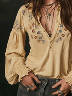 Casual Yellow Floral Embroidered Cotton Shirt