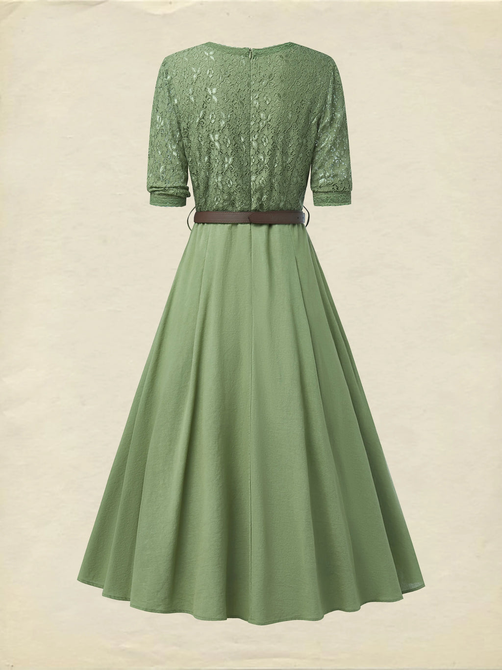 Midi Linen Dress , Half Sleeve, V Neck, Plain, Lace, Vintage, Army Green