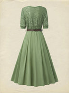 Midi Linen Dress , Half Sleeve, V Neck, Plain, Lace, Vintage, Army Green