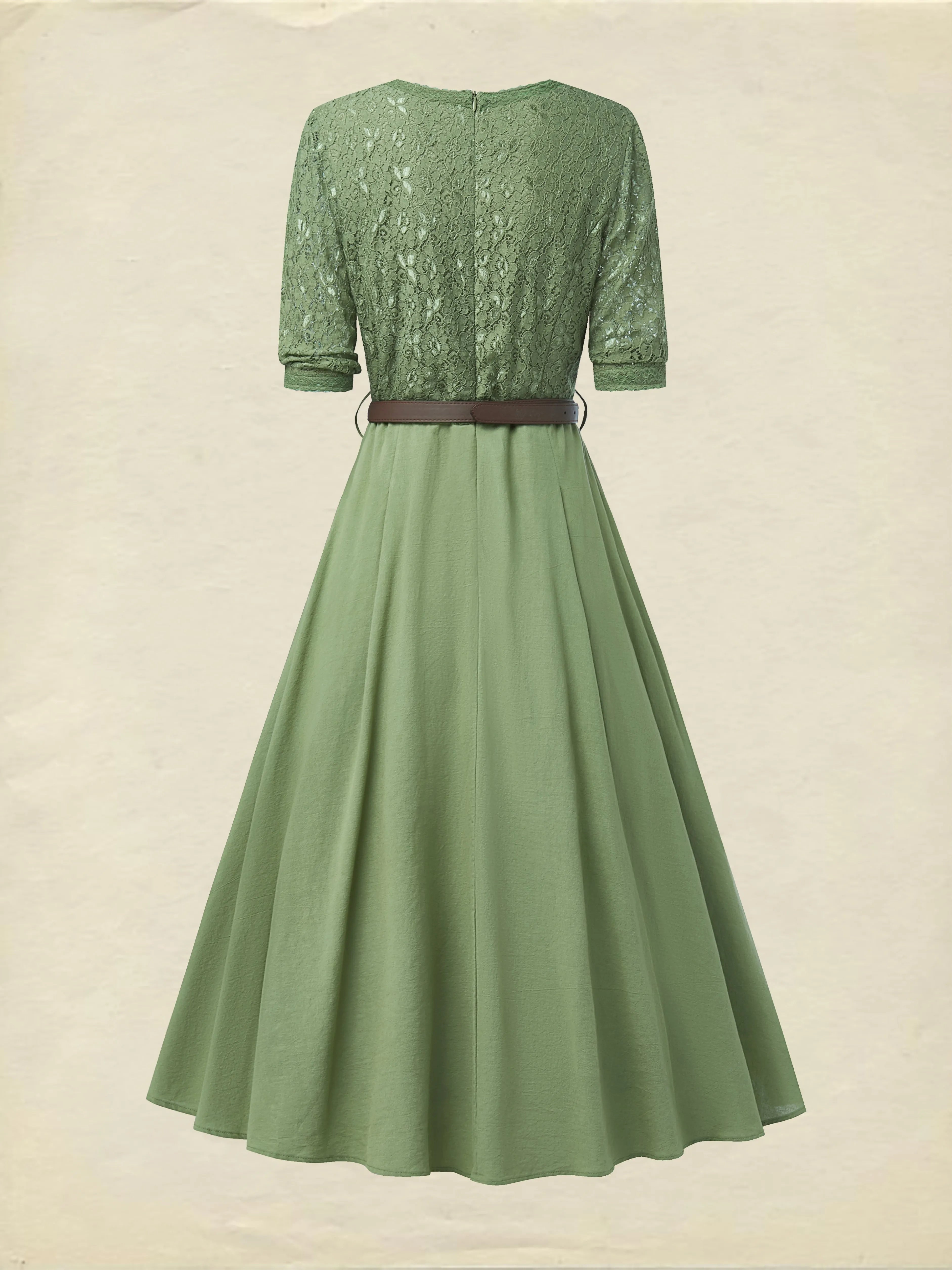 Midi Linen Dress , Half Sleeve, V Neck, Plain, Lace, Vintage, Army Green