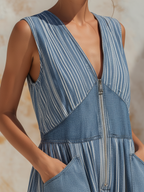 Blue & White Striped Denim Sleeveless Maxi Dress With Front Zipper