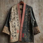 Japanese Calligraphy Art Contrast Linen Kimono