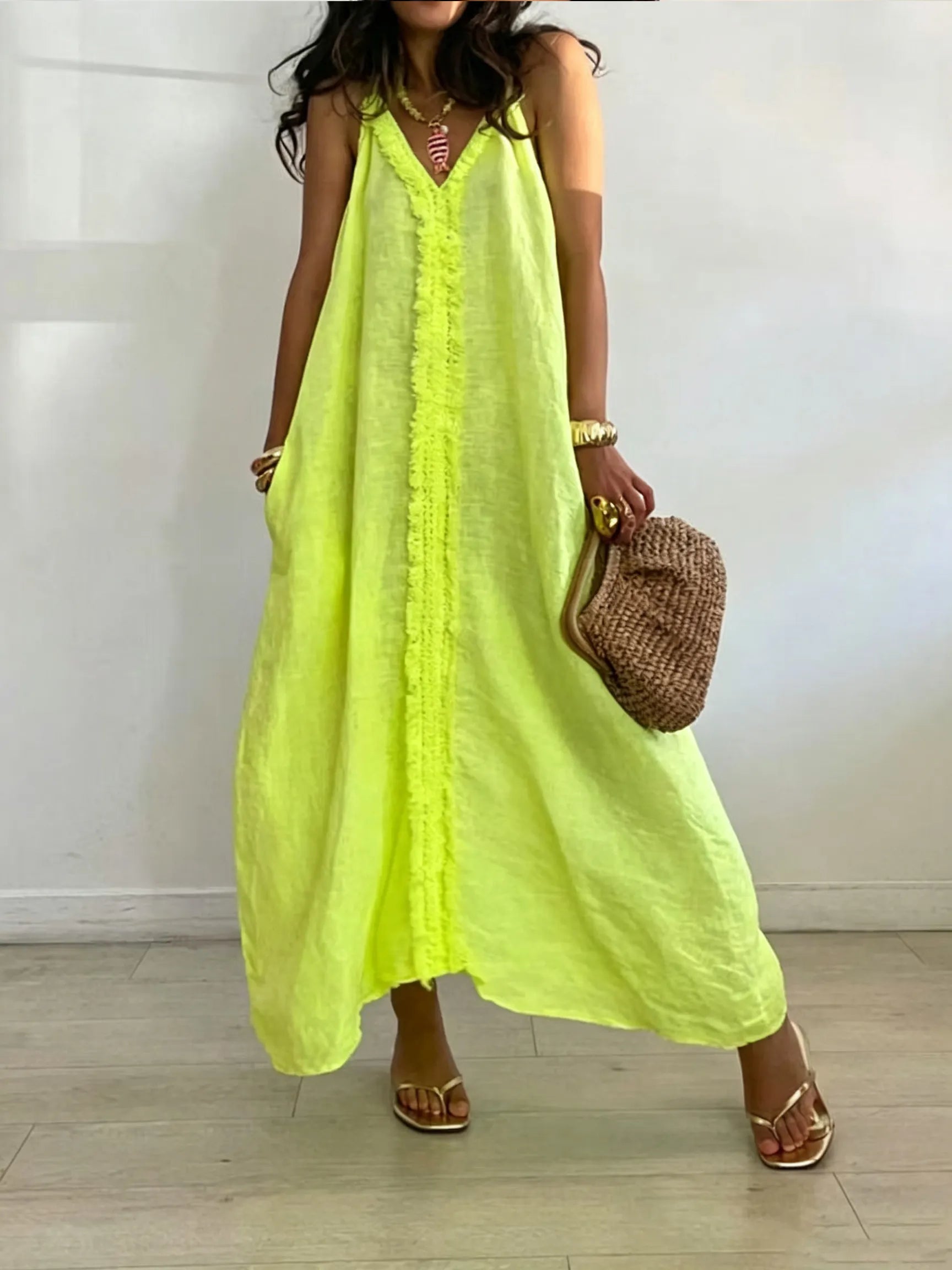 Linen Spaghetti Strap Boho Maxi Dress
