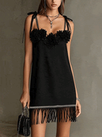Black Floral Appliqué Mini Dress With Fringe Hem