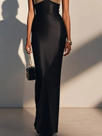 Black Gold Sequin Satin Spaghetti Gallus Sheath Maxi Dress