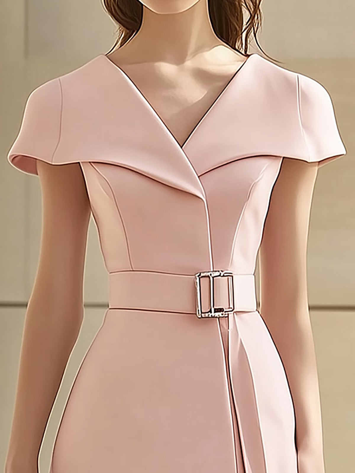 Elegant Pink Midi Dress with Unique Collar Design and Waist Belt
