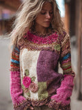 Boho Roses Crochet Colorblock Cozy Knit Sweater