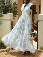 Light Blue Floral Chiffon V Neck Sleeveless A-Line Maxi Dress