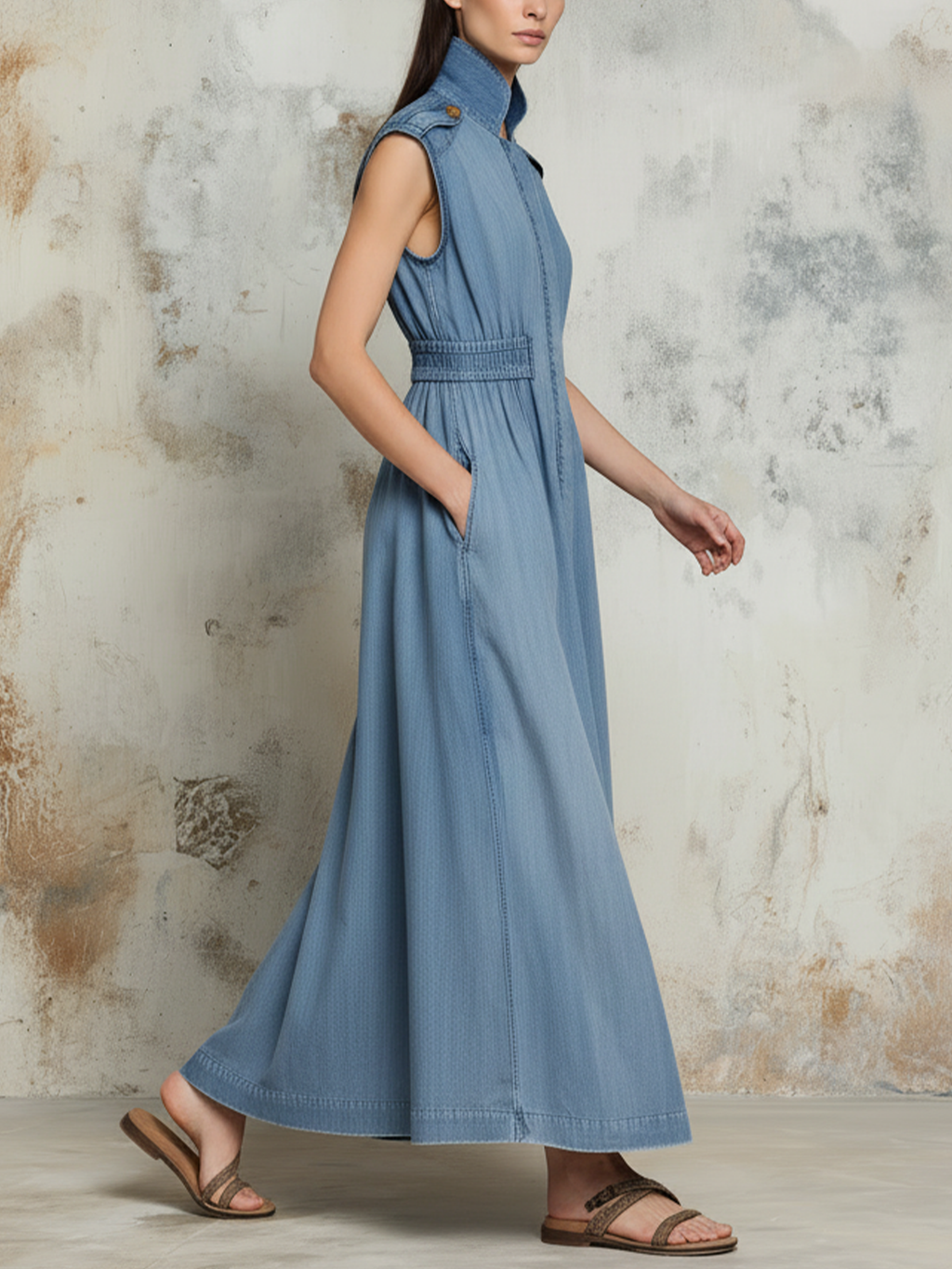 Light Wash Denim Sleeveless Maxi Dress | Stand Collar Elastic Waist Casual Dress