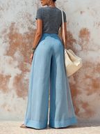 Sky Blue Double-Layer Linen & Organza Wide-Leg Trousers