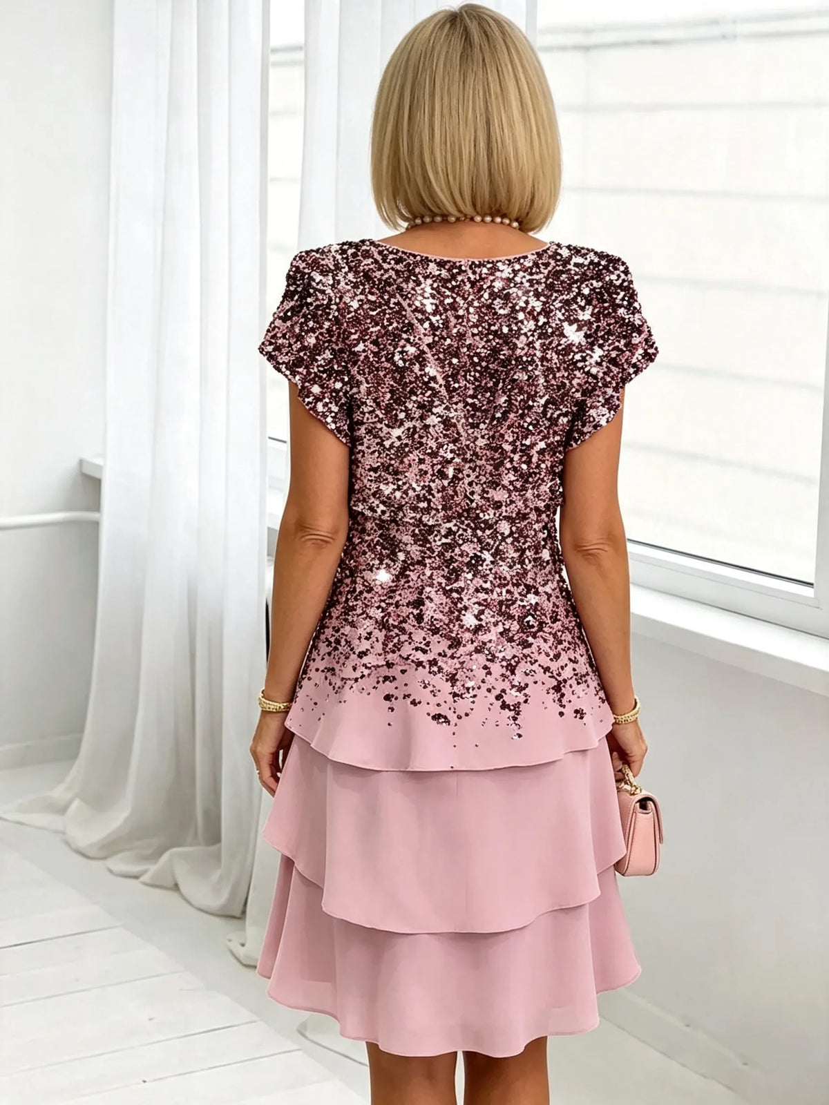 Women's Floral Print Tiered Chiffon Dress, Short Flutter Sleeve Loose Multi-Layer Tummy Covering Shift Dress, Casual Summer Flowy Dress for Daily Vacation Beach