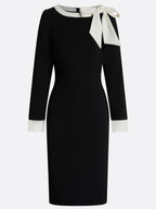 Black Bow Color Block Long Sleeve Sheath Midi Dress