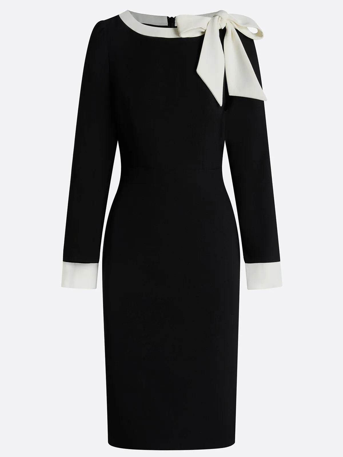 Black Bow Color Block Long Sleeve Sheath Midi Dress