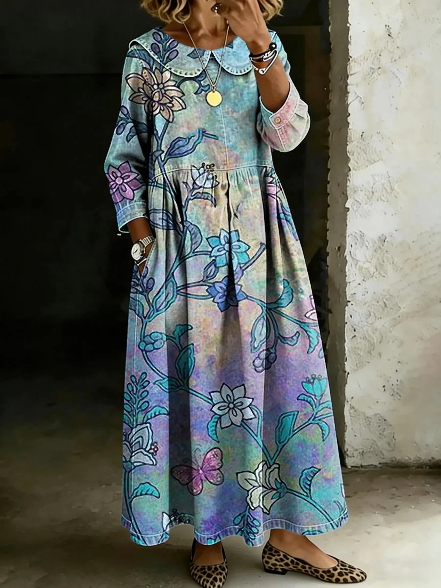 Women's Retro Ethnic Floral Splicing Long-sleeved Loose-fitting Casual Denim Dress