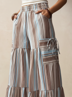 Boho Striped Tiered Wide-Leg Cargo Pants With Pockets