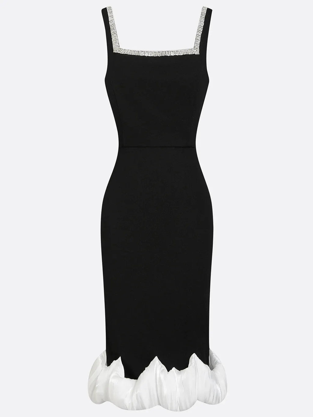 Black Rhinestone Ruched Knit Square Neck Sleeveless Bodycon Midi Dress