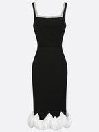 Black Rhinestone Ruched Knit Square Neck Sleeveless Bodycon Midi Dress