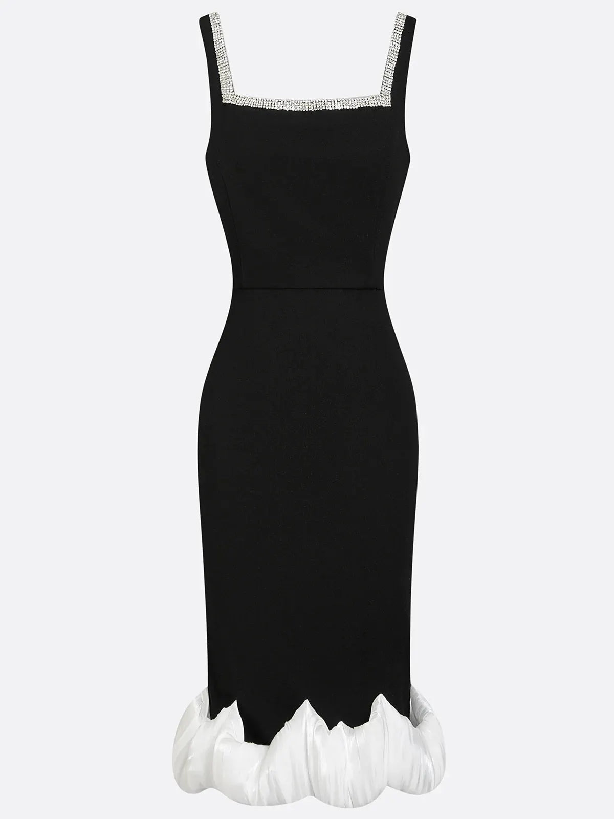 Black Rhinestone Ruched Knit Square Neck Sleeveless Bodycon Midi Dress