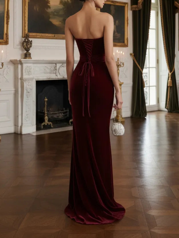 Wine Red 3D Floral Velvet Strapless Sleeveless Sheath Gown Dress
